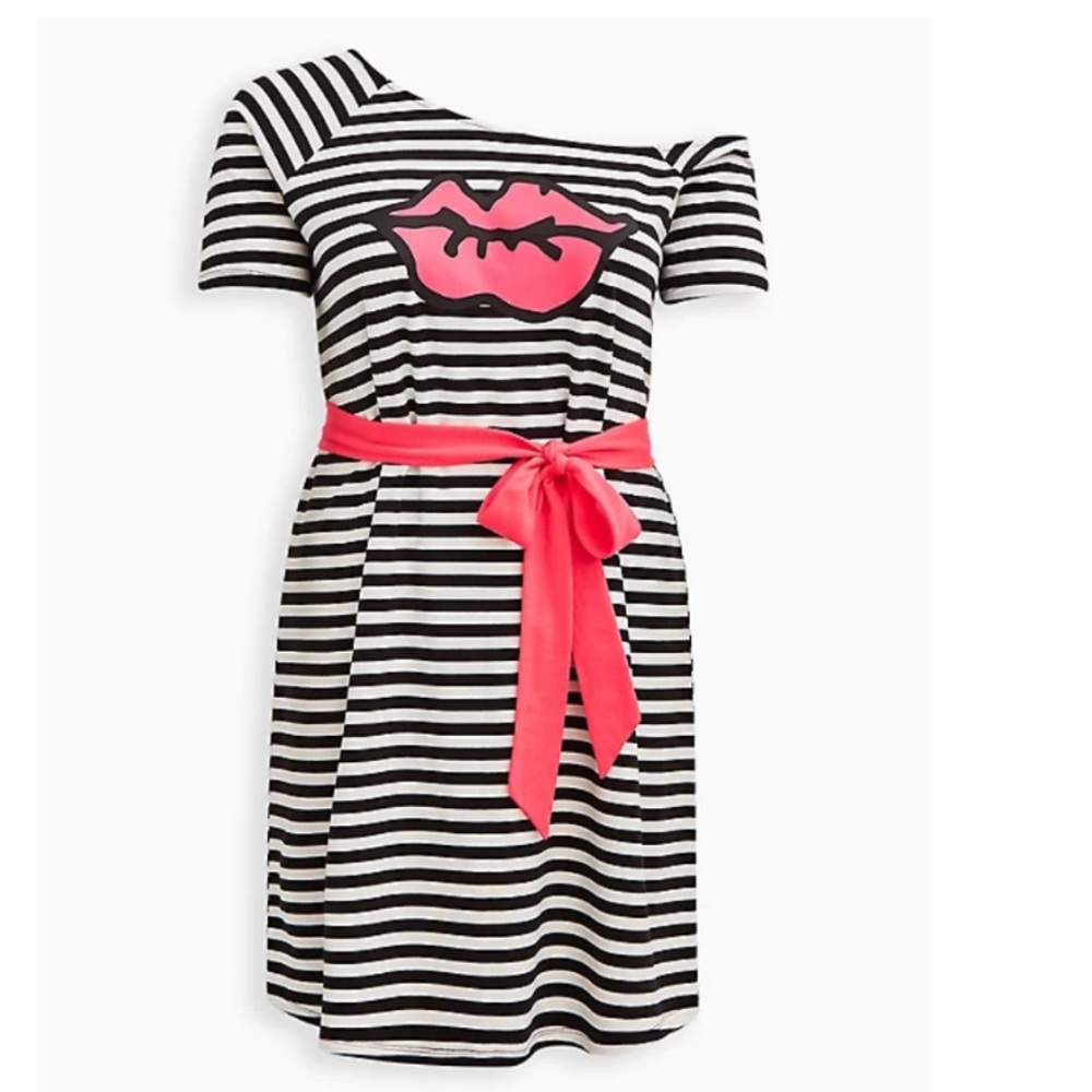 TORRID BETSEY JOHNSON OFF SHOULDER DRESS - FRENCH TERRY LIP BLACK & WHITE STRIPE